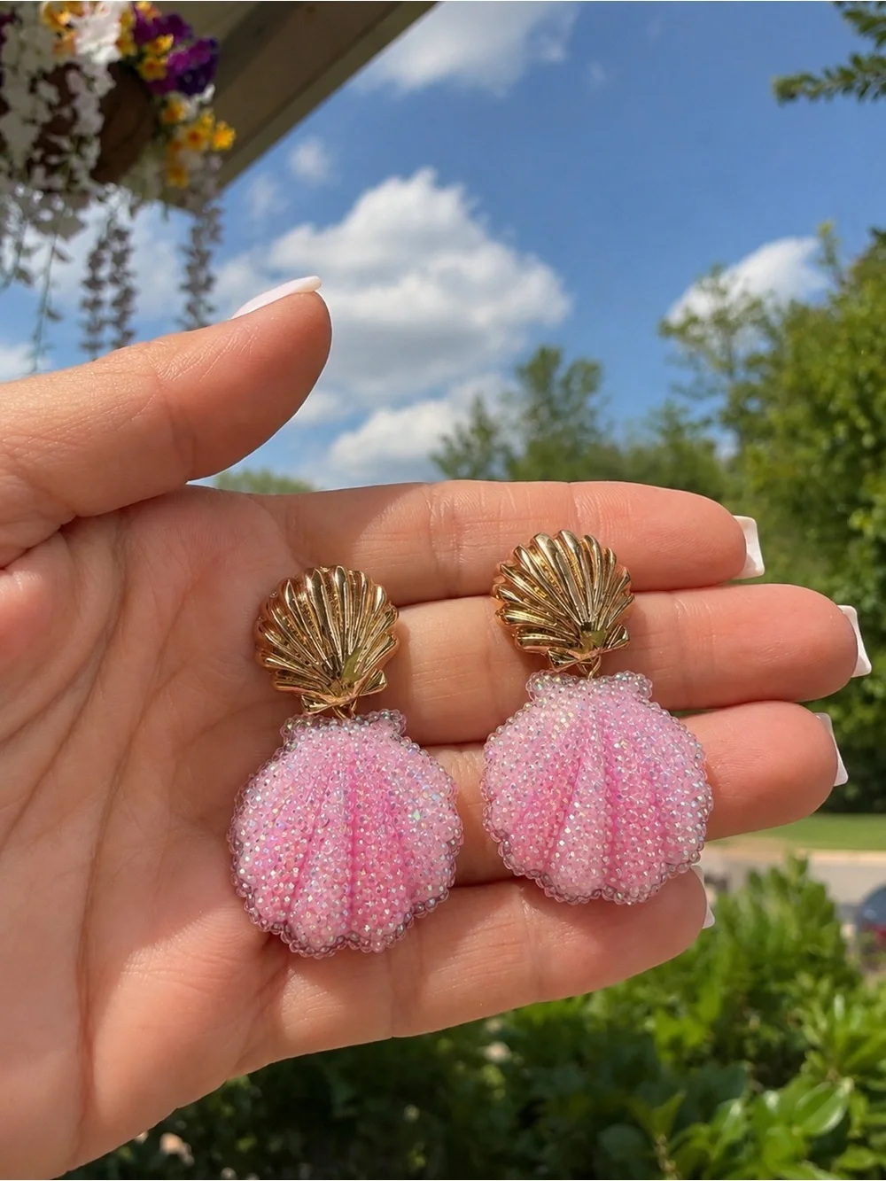 Pink Seashell Gold Earrings  Beach Coastal Glam Sparkle